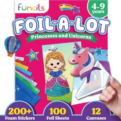 Image of Funcils Foil Art Craft Unicorn &amp; Princess Sticker Activity Kit, Toddler Arts Crafts for Kids, No Mess Kids Travel Toys, Games, Fun Birthday Gifts Boys Girls Ages 4, 5, 6, 7, 8, 9 Year Old
