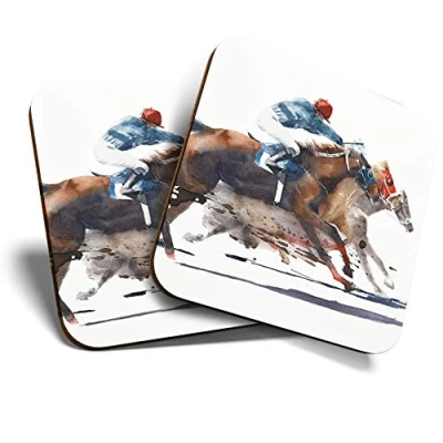Image of Great Coasters (Set of 2) Square/Glossy Quality Coasters/Tabletop Protection for Any Table Type Horse Racing Jockey Race #21697