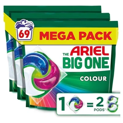 Image of Ariel The Big One PODS, Washing Liquid Laundry Detergent Capsules 23 x 3 Washes, Colour, 2X Stain &amp; Odour Removal, Fast Dissolving Even in Cold