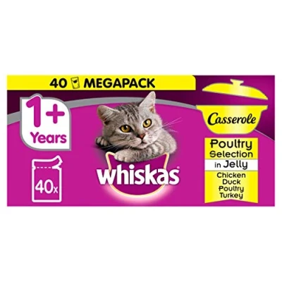 Image of Whiskas 1+ Casserole, Wet Cat Food for Adult Cats, Poultry Selection in Jelly, 40 Pouches (40 x 85 G)
