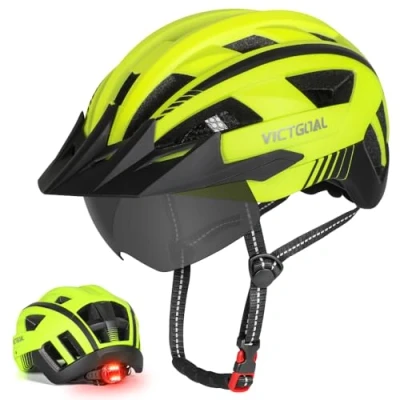 Image of Victgoal Bike Helmet for Men Women with Led Light Detachable Magnetic Goggles Visor Mountain &amp; Road Bicycle Helmets Adjustable Size Adult Cycling (M: 21.3 22.8 inch (54 58 cm), Yellow)