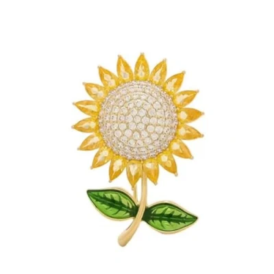 Image of Shiny Rhinestone Sunflower Brooch Pin For Women 2 Leaf Pins Daisy Flower Collar Badge Elegant Floral Bouquet Corsage Jewelry