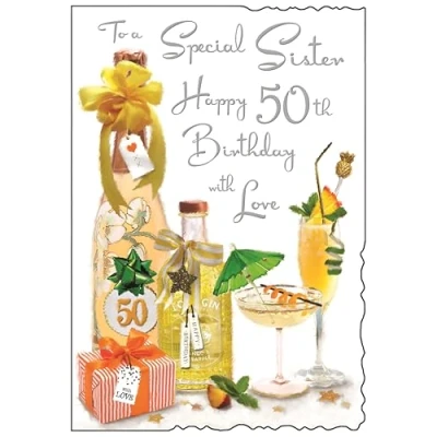 Image of Sister 50th Birthday Card Age 50 Special Gin Cocktails Design Finishes and Illustrated Insert Leaf Made in the UK