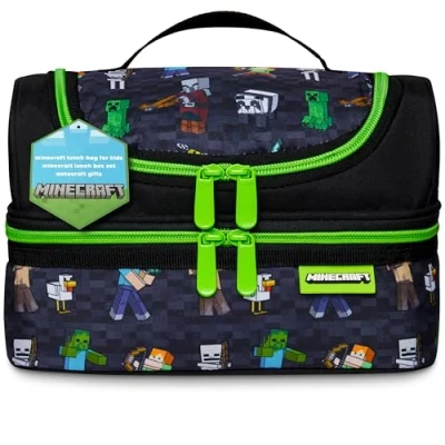 Image of Minecraft Insulated Lunch Bag for Kids, 2 Compartments School or Travel (Green)