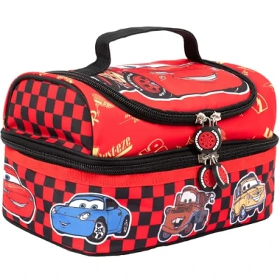 Image of Disney Cars Multi Compartment Lunch Bag for Boys School Thermal Insulated Double Decker Food Carier Kids Lightning McQueen Red