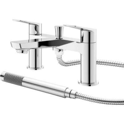 Image of Hudson Reed DRI304 Drift ǀ Modern Bathroom Round Deck Mounted Double Handle Bath Shower Mixer with Kit and Wall Bracket, 134mm x 230mm, Chrome