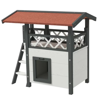 Image of PawHut Outdoor Cat House with Balcony Stairs Roof White