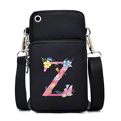 Image of FINDING CASE initial letter Printed Women Girls men Zipper Waterproof Nylon 3 Layers Crossbody Bags Wallet Cellphone Purse Shoulder Bag Wristlet Handbags Adjustable Strap (pink Z)