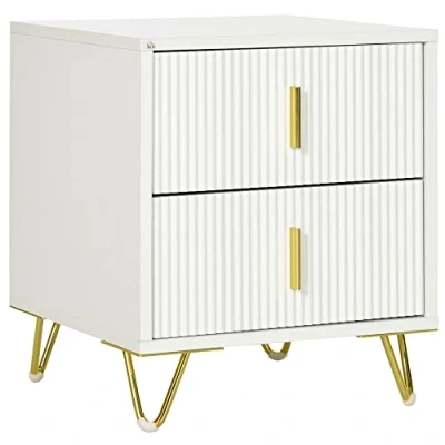 Image of HOMCOM Bedside Table with 2 Drawers, Side End Table, Nightstand Cabinet Metal Frame for Living Room, Bedroom, White