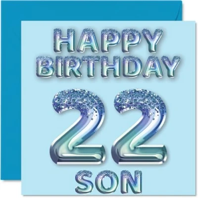 Image of 22nd Birthday Card for Son Blue Glitter Party Balloons Happy Cards 22 Year Old from Mum Dad Parents, 145mm x Bday Greeting Gift