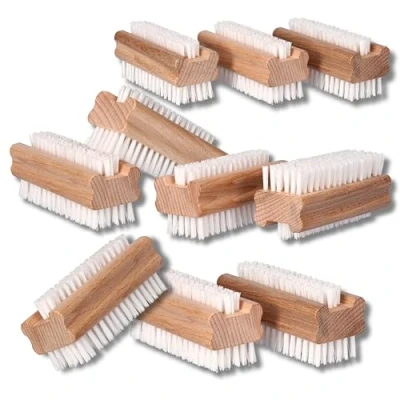 Image of ToolSpace 10x Wooden Nail Brush Double Sided Everyday Use Brushes for cleaning Nails Scrubbing Hands Feet Manicure Pedicure Women Man Kids Scrubber Natural Wood