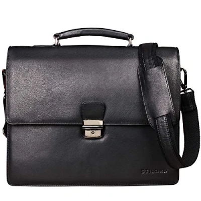 Image of STILORD &#039;Rion&#039; Classic Leather Briefcase Small Portfolio Men &amp; Women Design Satchel Business Work Bag for and Genuine Leather, Colour:Black
