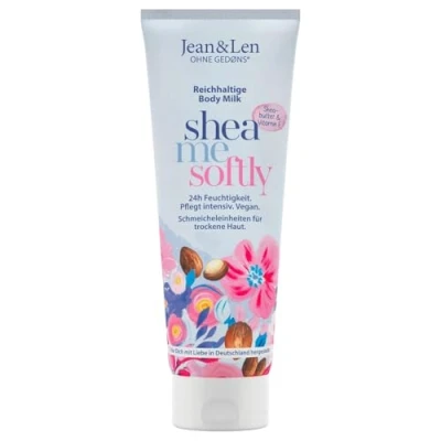 Image of Jean &amp; Len Rich body milk with shea butter, for dry skin, intensively nourishes skin and is friendly, without parabens silicone, mineral oil microplastic, vegan, 250 ml