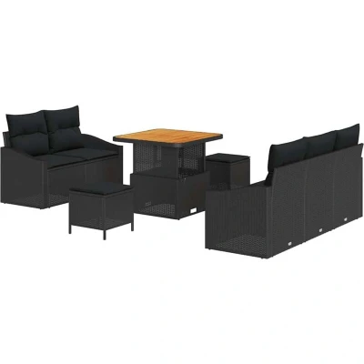 Image of vidaXL 8 Piece Garden Sofa Set with Cushions Black Poly Rattan Acacia