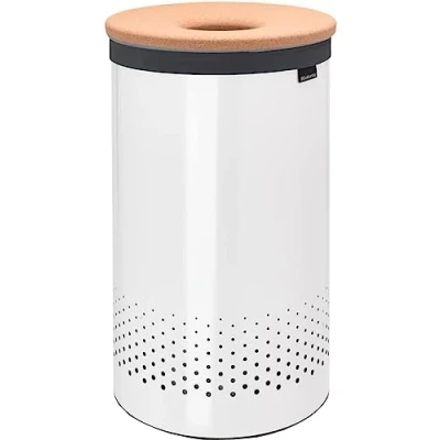 Image of Brabantia Laundry Bin Cork Lid Portable Bag Inside Quick drop Opening Basket with Ventilation Holes Non Scratching Bottom Corrosion Resistant Natural Look White 60L
