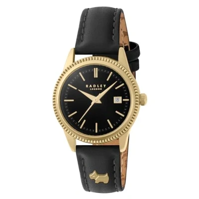 Image of RADLEY Women&#039;s Gold Plated Black Leather Strap Watch RY21732
