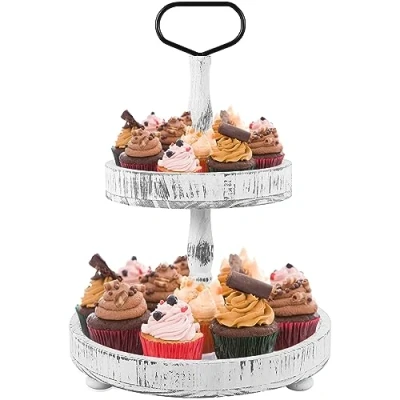 Image of Wood Tiered Cake Tray Decor 2 Tier Farmhouse Fall Food Organizer Holder with Metal Handle Detachable Kitchen Serving Cupcake Display Stand for Thanksgiving Table Countertop (white)