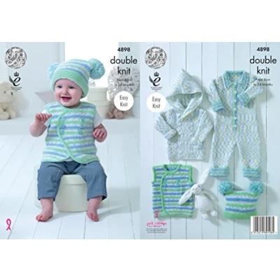 Image of King Cole 4898 Knitting Pattern Baby Set Coat Waistcoat Onesie Hat in Cherish Dash DK