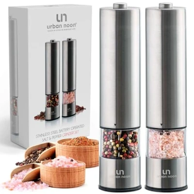 Image of Electric Salt and Pepper Grinder Set Battery Operated Stainless Steel Mill with Light (Pack of 2 Mills) Automatic One Handed Operation Electronic Adjustable Shakers Ceramic Grinders