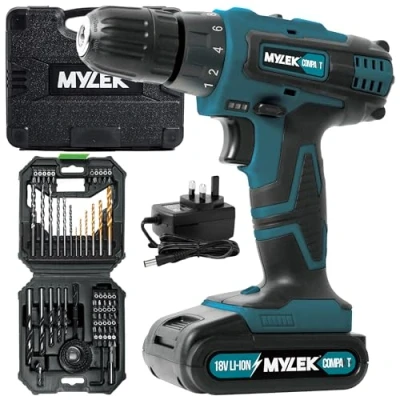 Image of MYLEK Cordless Drill 18V, 1300 mAh Li Ion Driver 28Nm, 1 Hour Quick Charge, 2 Speed, LED Work Light, Carry Case with Accessory Kit, Variable Speed 4ORCE Kit (56 Piece)