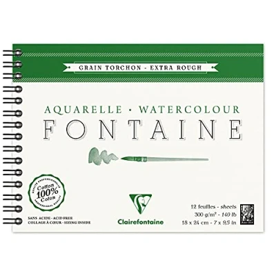 Image of Clairefontaine Ref 96320C Fontaine Extra Rough Watercolour Wirebound Pad (12 Sheets) 18 x 24cm Size, 300gsm Paper Suitable for Artwork