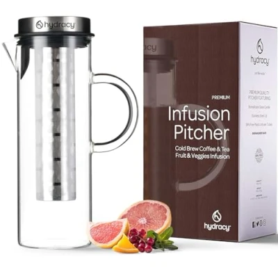 Image of Hydracy Glass Infusion Carafe 1.5L with Handle Cafetières Hot Coffee Server Iced &amp; Tea Jug Stainless Steel Lid and Filter Extra Fruit Tube Dishwasher Safe Pitcher