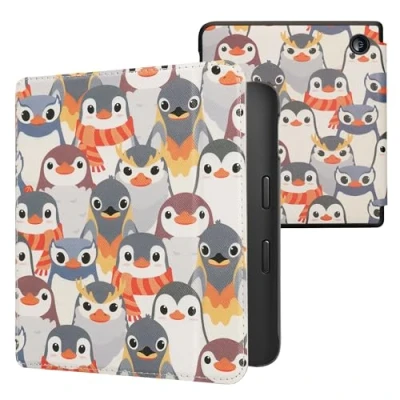 Image of kwmobile Case Compatible with Kobo Libra 2 eReader Cover Penguins Grey/Yellow/Brown