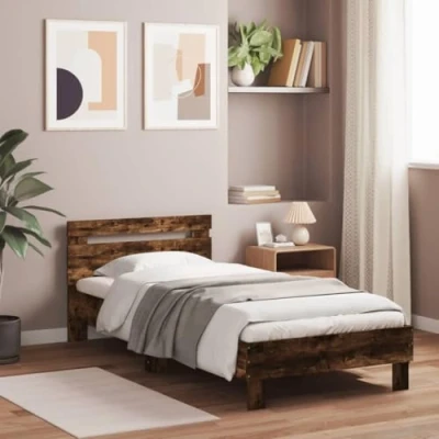 Image of vidaXL Bed Frame Smoked Oak with RGB LED Lights &amp; Headboard Single Size Engineered Wood Bedroom Base 75x190 cm