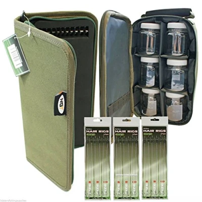 Image of CARP FISHING 6 GLUG POTS GREEN HOLDER BAG + NGT STIFF RIG WALLET 18 Hair Rigs