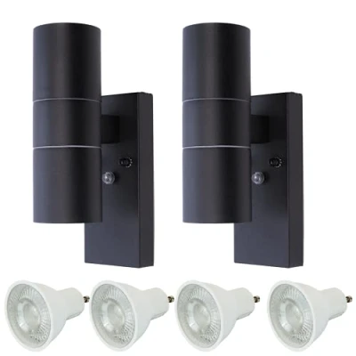 Image of Hispec LED GU10 Indoor Outdoor Lighting: Dusk Till Dawn Up and Down Wall Mounted Outside Light with Photocell Sensor: IP44: Black: Twin Pack 4 Bulbs