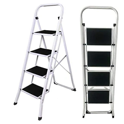 Image of Portable 4 Step Metal Ladder, Folding Ladder With Rubber Anti Slip Tread Mats &amp; Feet, Safety Sturdy Heavy Duty 300lbs Max Capacity, Perfer for Living room, Kitchen, Garden