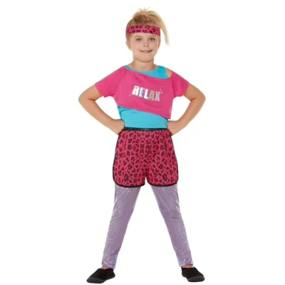 Image of Smiffys 80s Relax Costume, Pink Top, Trousers &amp; Headband, Girls Fancy Dress, 1980s Dress Up Costumes