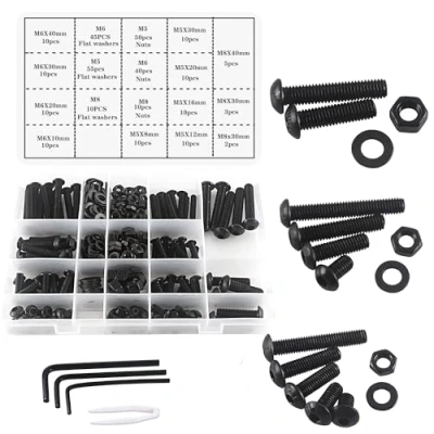 Image of huruirui M5 M6 M8 Nuts and Bolts Washers Assorted Set, Black Button Head Screws Kit, Thread Machine Hex Bolt Set Fastener Repair Tools Assortment Kit with 3 Wrench 310pcs
