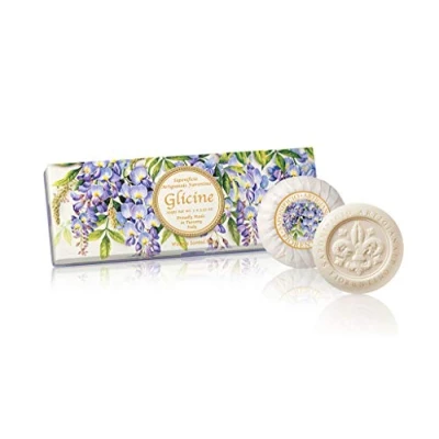 Image of Glicine, gift box of Wisteria scented soap, round soaps sculpted with lily, pleated wrapping and label, 3 x 3.52 oz