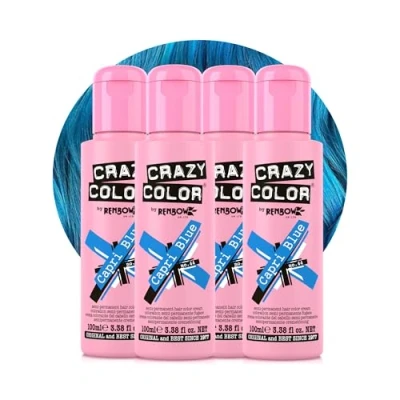 Image of Crazy Color Vibrant Capri Blue Semi Permanent 4 Pack Quad Hair Dye. Highly Pigmented Electric Conditioning &amp; Oil Nourishing Vegan Formula No Bleach or Ammonia 400ml