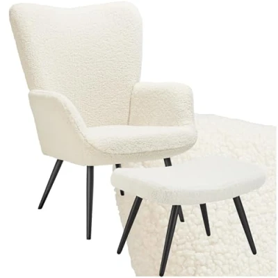 Image of TecTake® Armchair with Footstool in Scandi Style, Soft Bouclé Cover, Thick Padding, Robust Steel Legs, Ergonomic Backrest &amp; Non Slip Feet, Cosy Living Room Chair Bedroom Cream/Black