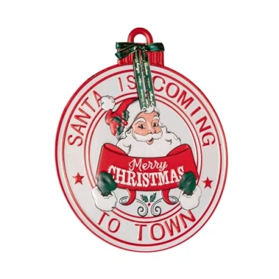 Image of Samuel ALEXANDER 47cm Round Metal Santa is Coming to Town Sign Christmas Wall Decoration in Red &amp; White