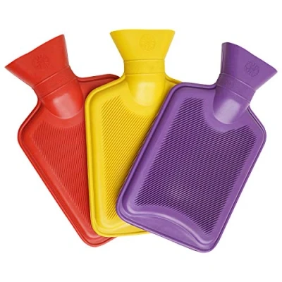 Image of Pack of 3 Mini Hot Water Bottles Natural Rubber 1 Litre Capacity Colours in (Red, Yellow and Purple)