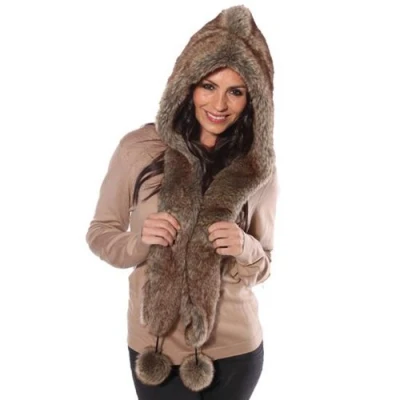 Image of Womens Faux Fur Hooded Scarf With Pom Poms Winter Thermal Hat 57cm Black