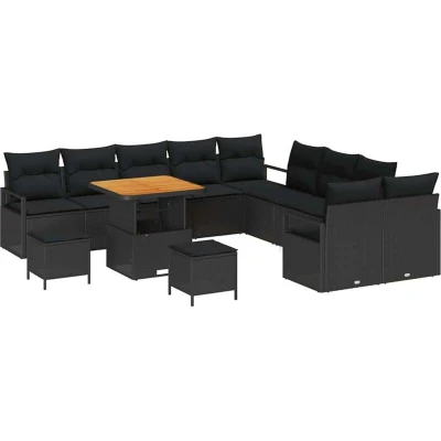 Image of vidaXL 13 Piece Garden Sofa Set with Cushions Black Poly Rattan Acacia