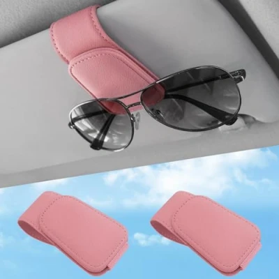 Image of 2 Pcs Sunglasses Holders for Car Visor,Car Magnetic Glasses Holder Leather Clip and Ticket Card Suitable Interior Visor Different Size Eyeglasses. (Pink/2 Packs)