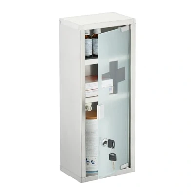 Image of Relaxdays Medicine Cabinet, 3 Shelves, Stainless Steel, First Aid Storage, Frosted Glass, 45x18x12cm, Lockable, Silver