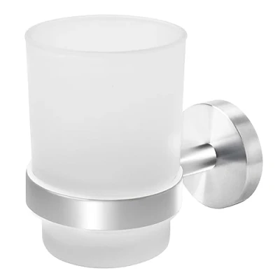 Image of Joeji&#039;s Kitchen Stainless Steel Toothbrush Holder Frosted Glass Cup Wall Mounted