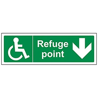Image of V Safety Refuge Point Arrow Down Fire Assembly Sign 300mm x 100mm Self Adhesive Vinyl