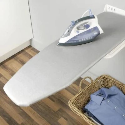 Image of Gedotec Folding Ironing Board Ironfix Premium with Grey Stripes Table Rotatable by 180 Degrees RAL 9016 Steel Wall Mounted Brand Quality for Your Living Room