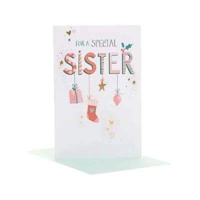 Image of UK Greetings Christmas Card for Sister Hanging Ornaments Design