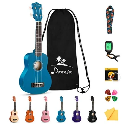 Image of Donner Soprano Ukulele Beginner Kit 21 inch Starter Set Adult Ukelele Hawaii Guitar with Uke Oneline Lesson String Tuner Picks DUS 10 Blue