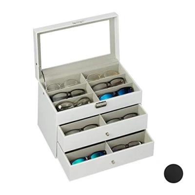 Image of Relaxdays Box for 18 Glasses, Sunglasses Storage Case, Faux Leather Crate, PU, Velvet, White, 1 Piece 10027259_49