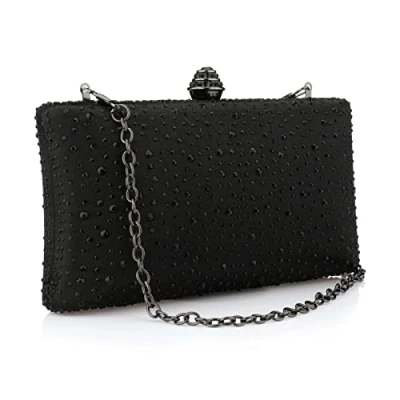 Image of Fashion Womens Glitter Clutch Bag Crystal Diamante Rhinestone Sparkly Evening Bridal Prom Party Handbag Purse (Black)