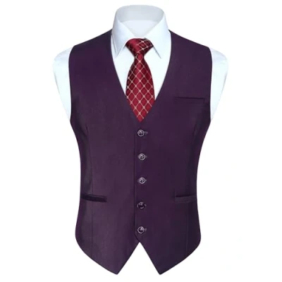 Image of Enlision Mens Purple Waistcoat Formal Plain Waistcoats Wedding Solid Colour Tuxedo Business Suit Vest with Pockets 4XL